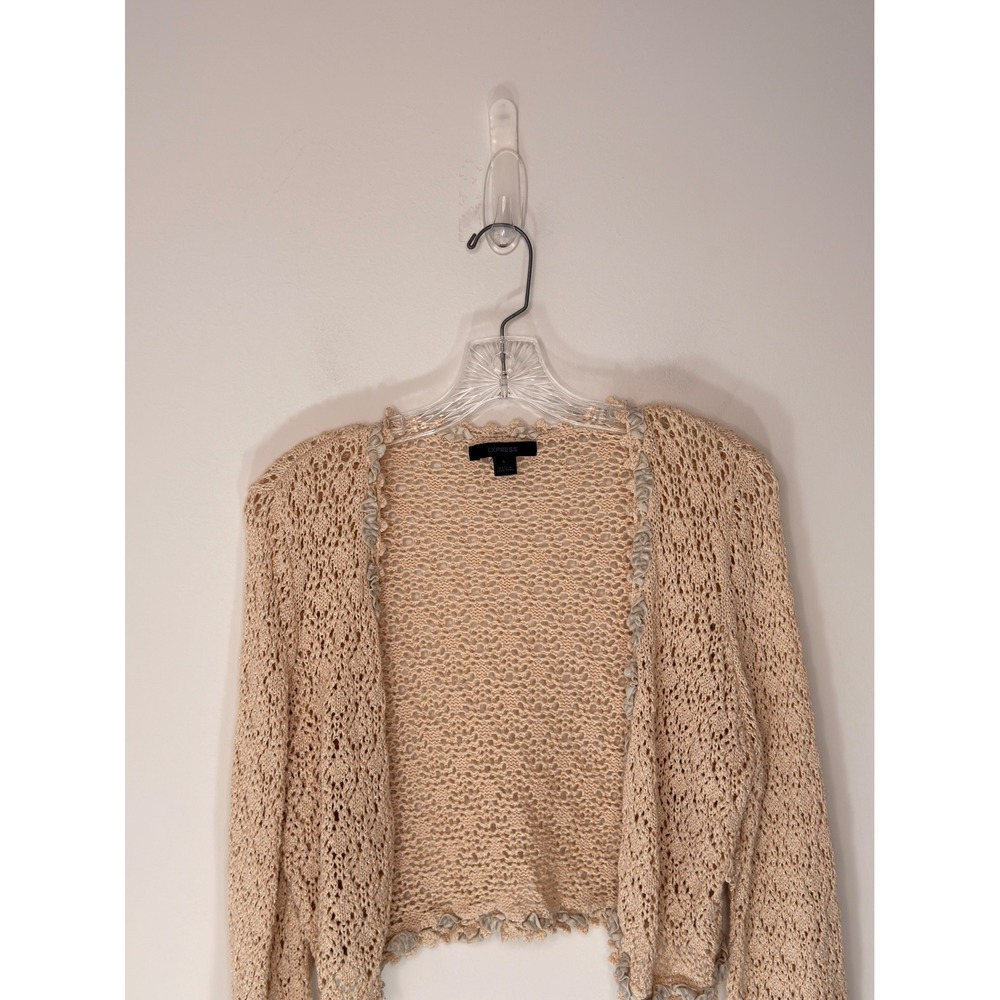 Express Cropped Crochet Cardigan Y2K Tan Metallic Coquette Knit Ruffle Large - Picture 4 of 12